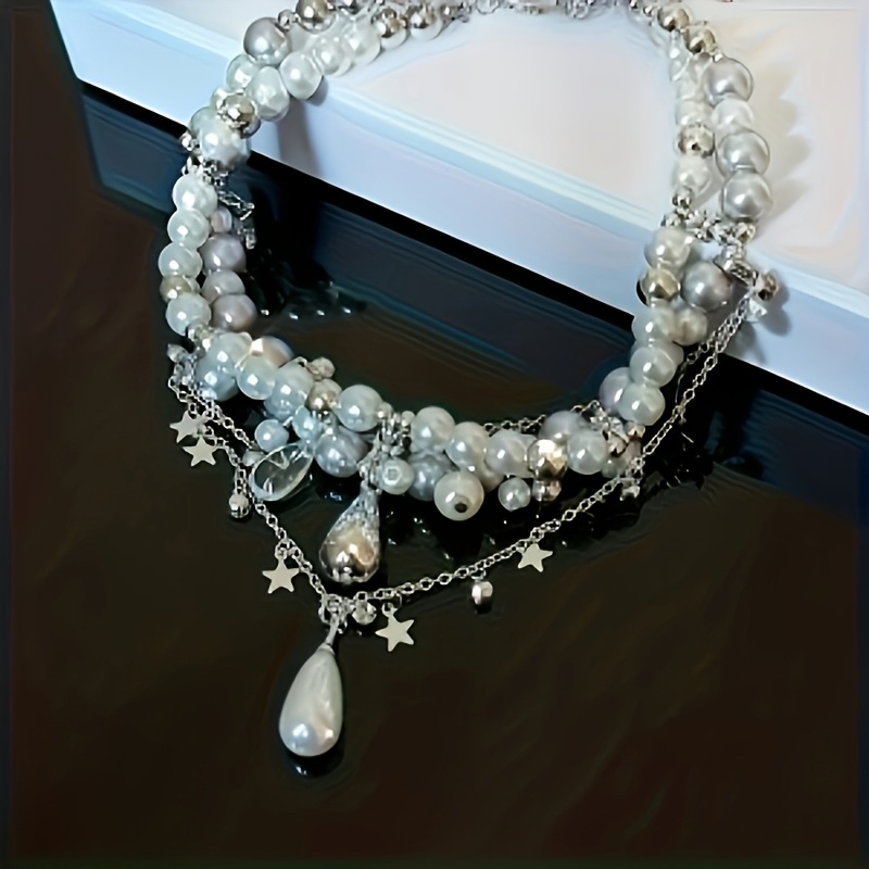 Ladies' Multi-Layered Star & Teardrop Pendant Necklace, Elegant Gift